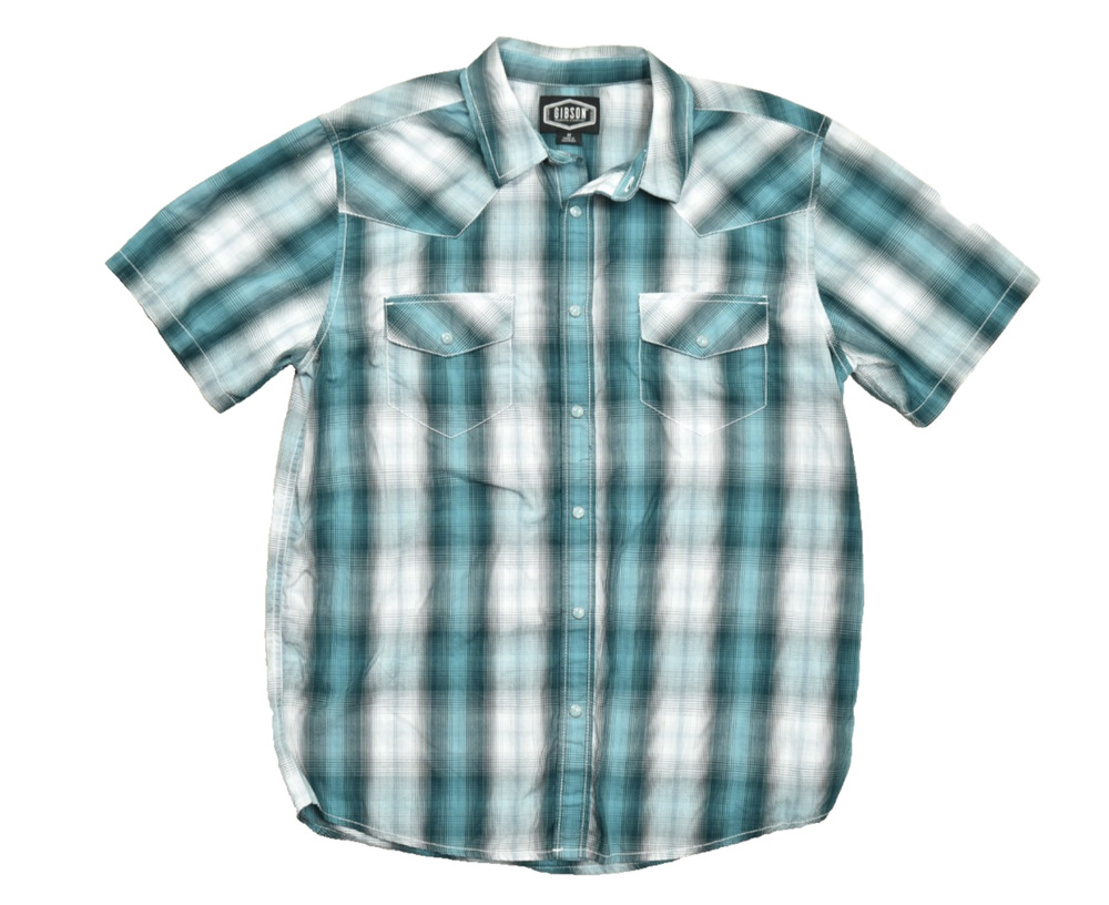 Gibson Trading Co Mens Medium Pearl Snap Western Shirt Teal Plaid Short Sleeve